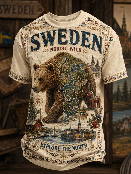 Herrtröja med svensk djurkarta och korta ärmar