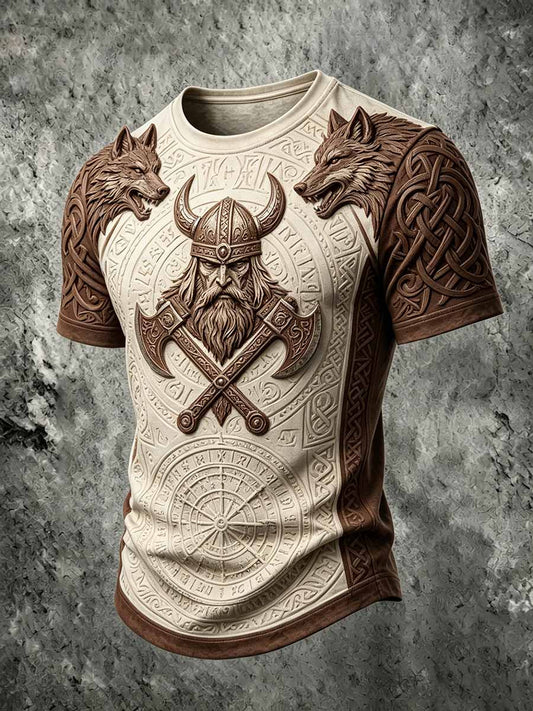 Mans retro vikingkrigarmönstrad ledig t-shirt