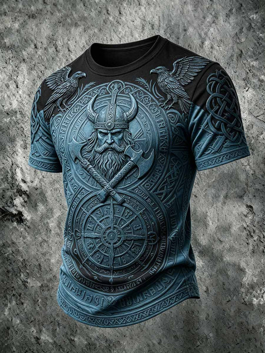 Mans retro vikingkrigarmönstrad ledig t-shirt