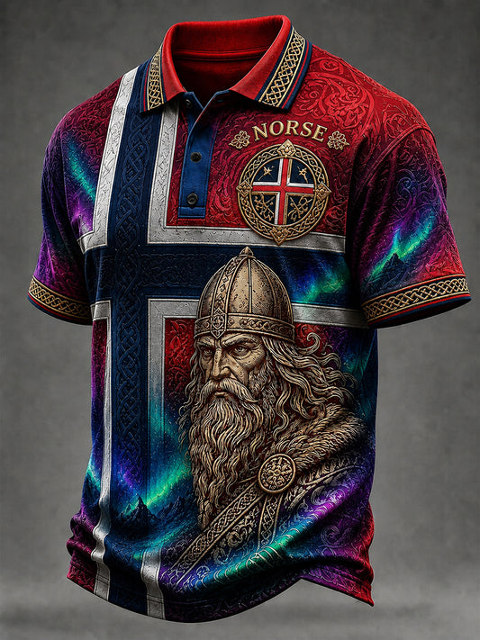 Lättviktig polotröja med vintage norsk viking-/skandinavisk folkkonsttryck