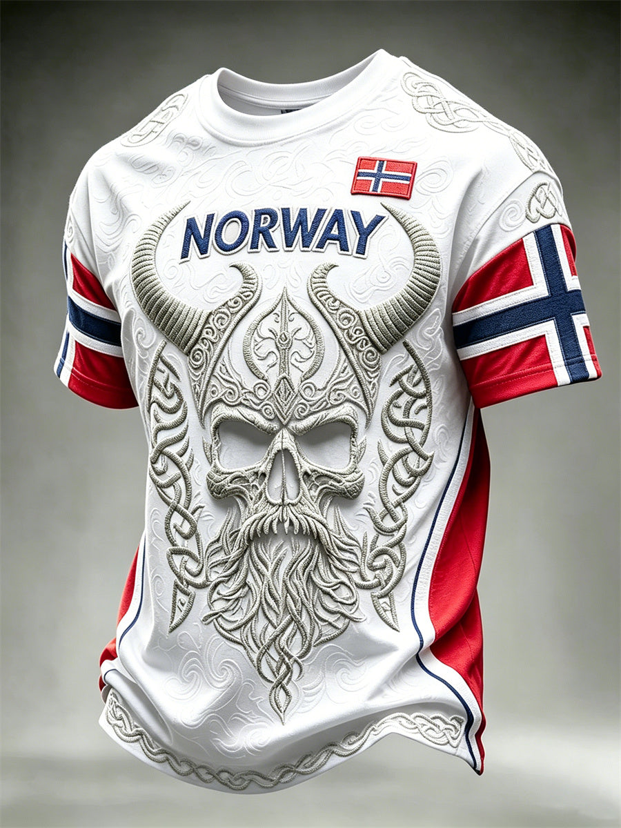 Herrligan Norge vikingkrigare dödskalle keltiskt knutmönster flaggmönstrad t-shirt med korta ärmar