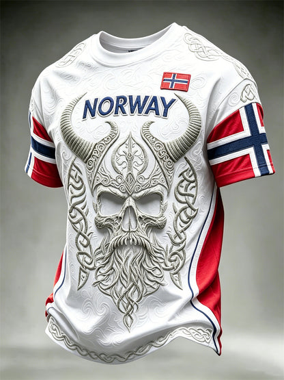 Herrligan Norge vikingkrigare dödskalle keltiskt knutmönster flaggmönstrad t-shirt med korta ärmar