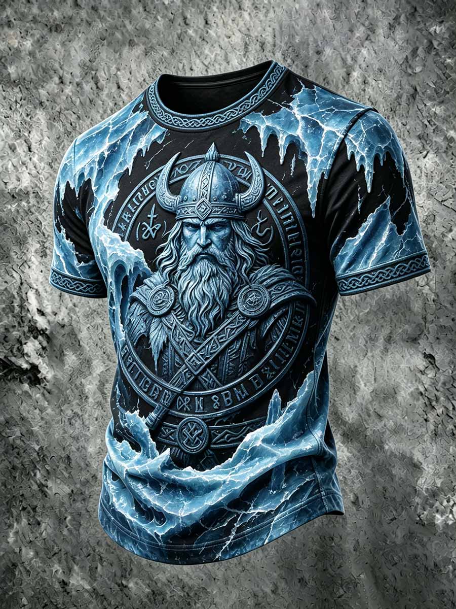 Mans retro vikingkrigarmönstrad ledig t-shirt
