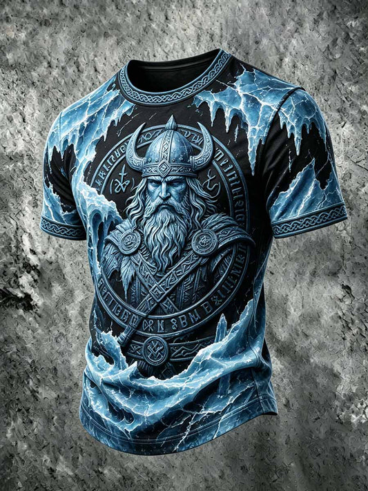 Mans retro vikingkrigarmönstrad ledig t-shirt