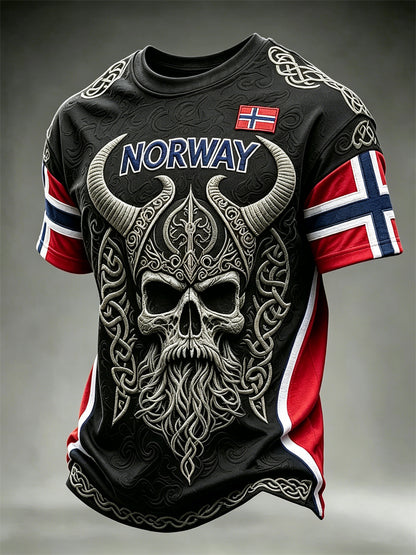 Herrligan Norge vikingkrigare dödskalle keltiskt knutmönster flaggmönstrad t-shirt med korta ärmar