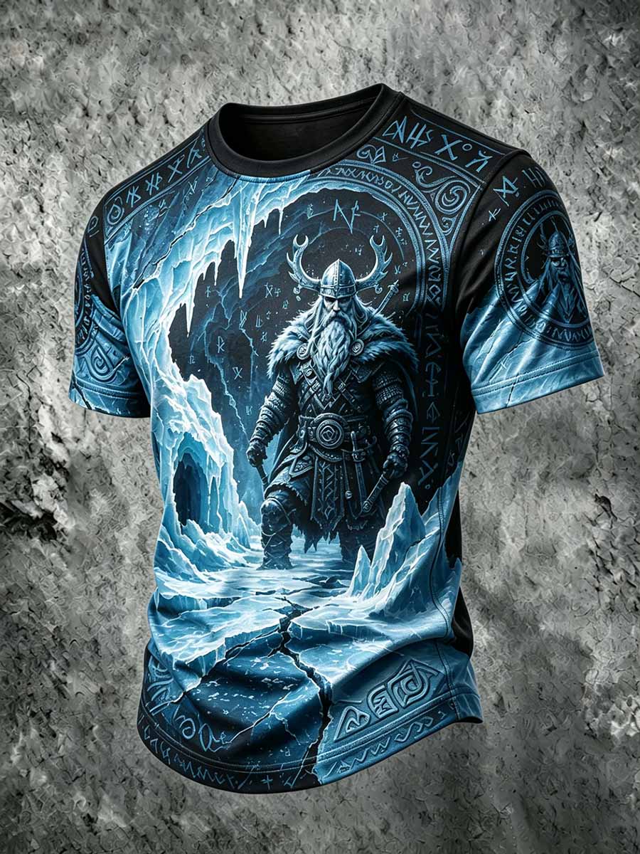 Mans retro vikingkrigarmönstrad ledig t-shirt