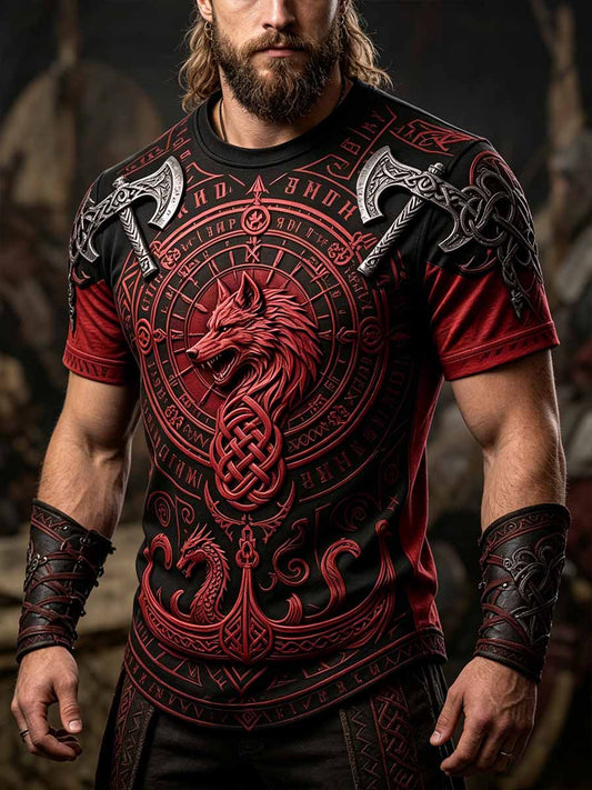Mans retro vikingkrigarmönstrad ledig t-shirt