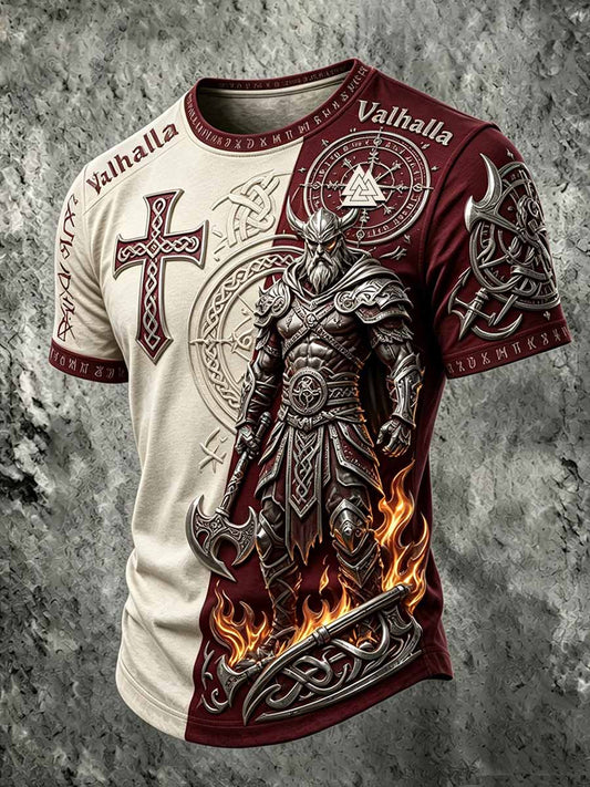 Mans retro vikingkrigarmönstrad ledig t-shirt