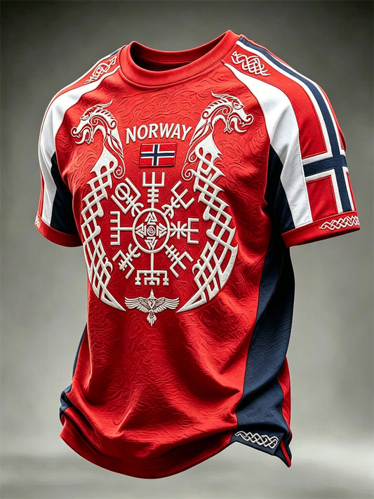 Herrtröja från Norge med motiv av seger eller Valhalla, vikingamotiv med vegvisir och keltisk knut, flaggmönster i färgblock, kortärmad t-shirt