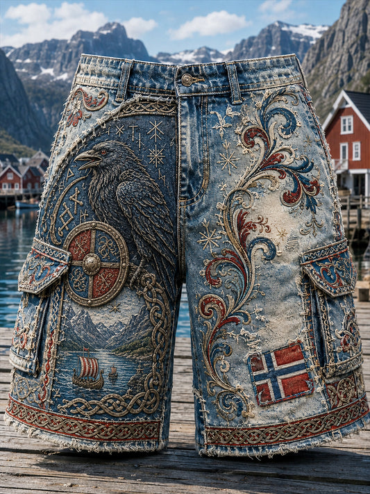 Ledsna shorts med vintage norsk viking- och skandinavisk folkkonsttryck