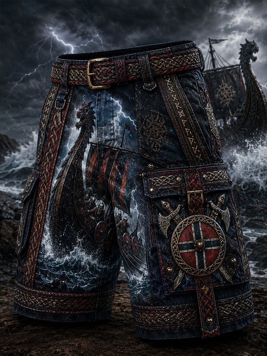 Ledsna shorts med vintage norsk viking- och skandinavisk folkkonsttryck