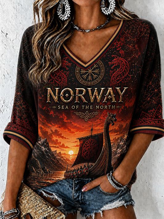 Retro norsk viking skandinavisk folkkonsttryck avslappnad topp