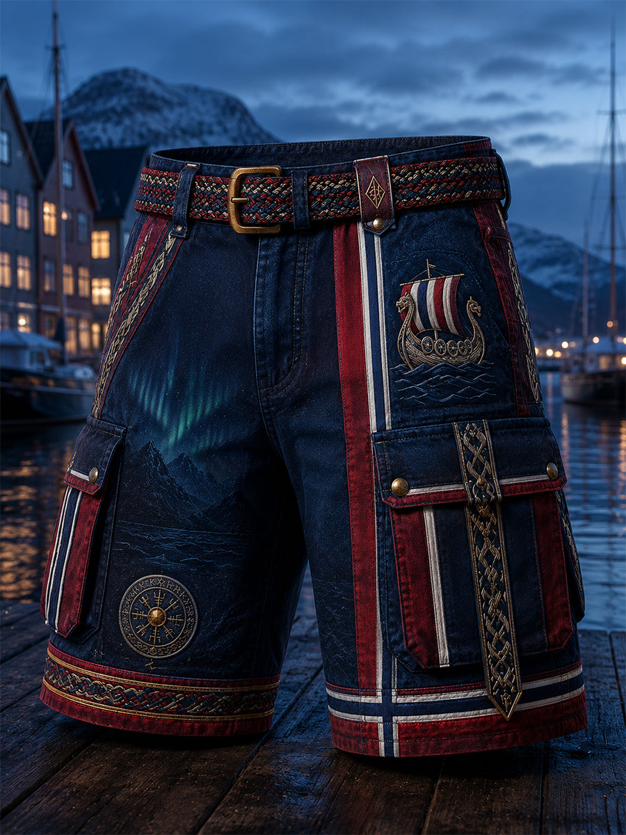 Ledsna shorts med vintage norsk viking- och skandinavisk folkkonsttryck