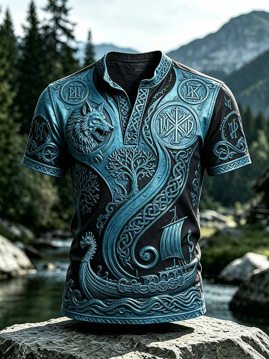 Mans Vintage Viking Vargkrigare Tryckt Ledsnads T-shirt