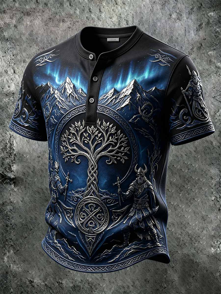Mans retro vikingkrigarmönstrad ledig t-shirt