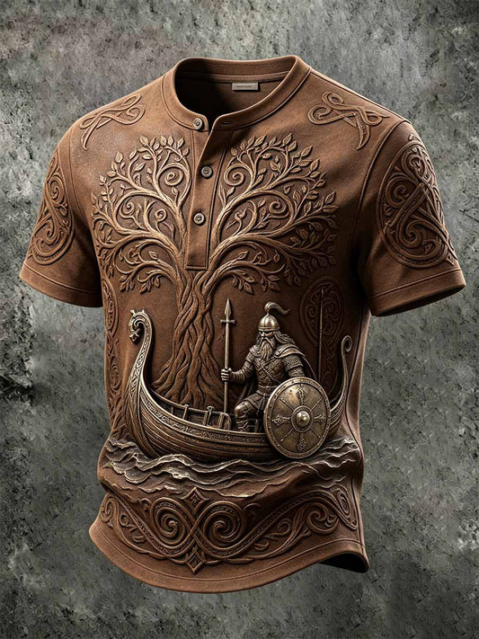 Mans retro vikingkrigarmönstrad ledig t-shirt