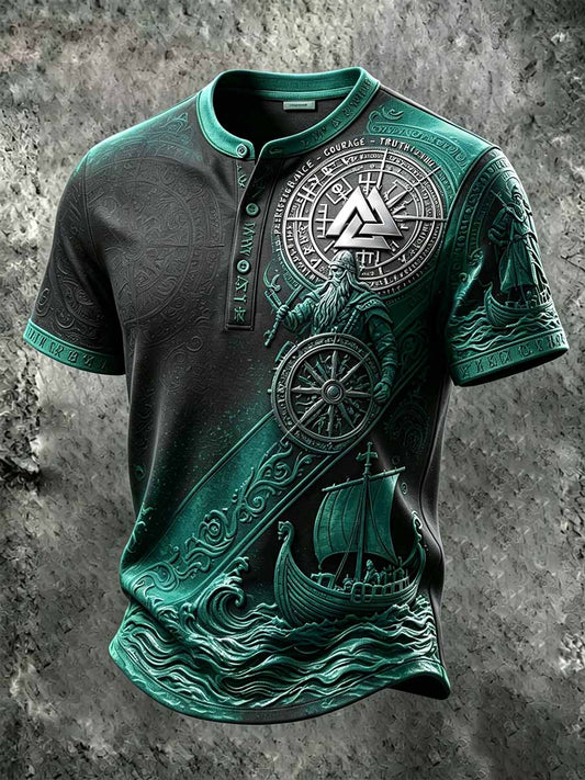 Mans retro vikingkrigarmönstrad ledig t-shirt