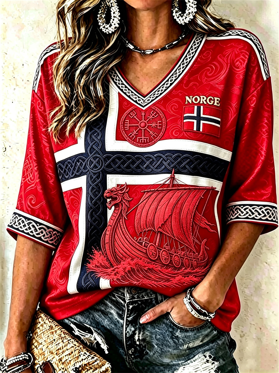Kvinnors Viking Ship & Vegvisir Celtic Knop Flag Skriv ut med längd ärmar V-hals T-shirt