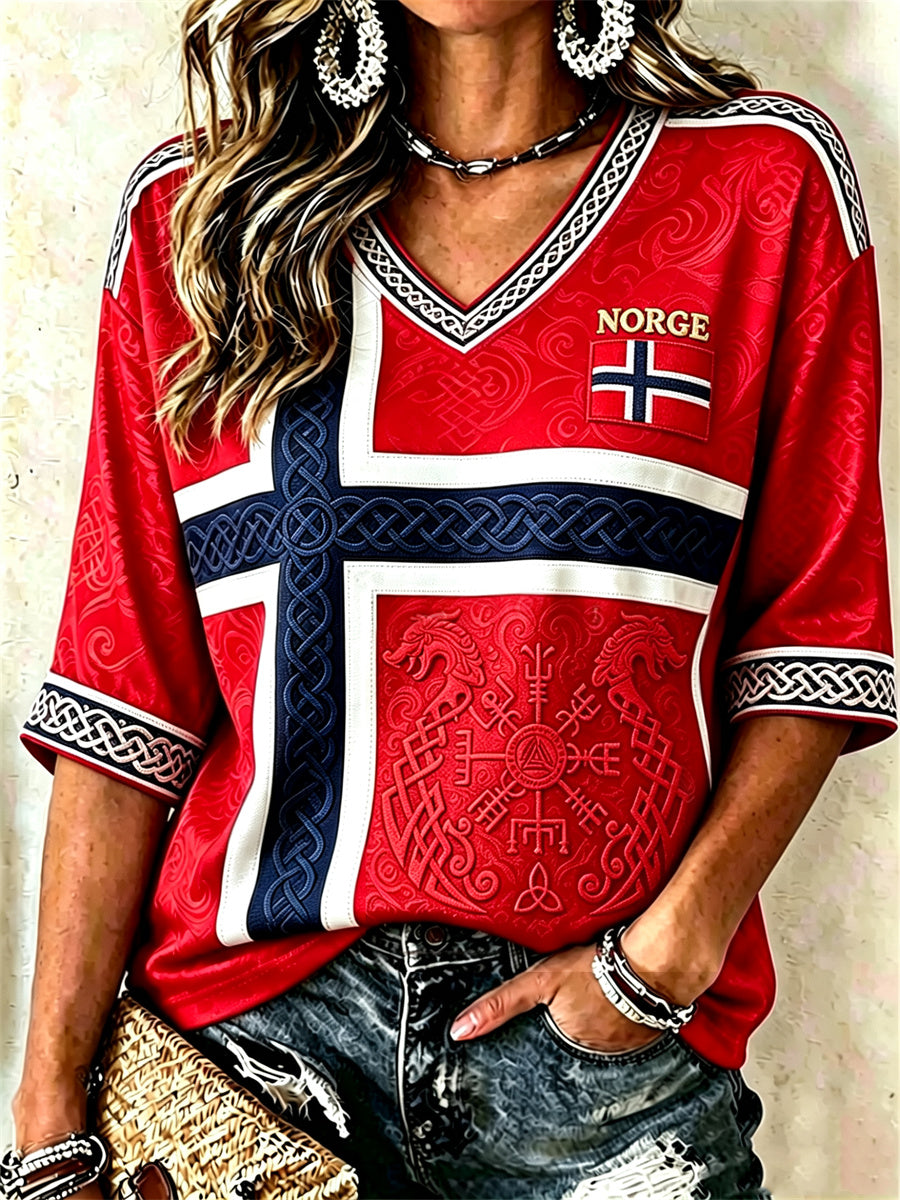 Kvinnors Viking Vegvisir Celtic Knop Flag Skriv ut med längd ärmar V-hals T-shirt