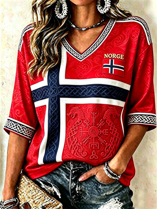 Kvinnors Viking Vegvisir Celtic Knop Flag Skriv ut med längd ärmar V-hals T-shirt