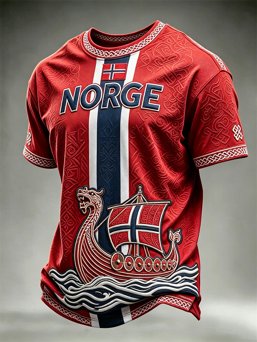 Herrtröja i Norge med vikingaskepp, keltisk knut och flaggmönster, kortärmad