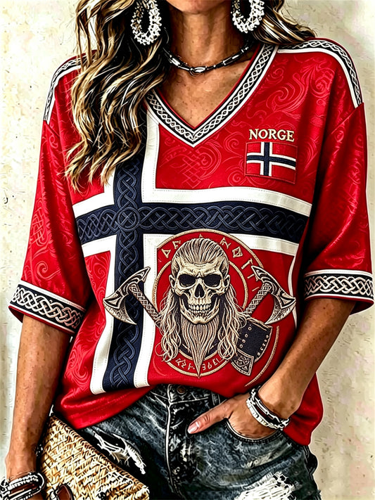 Kvinnors Viking Skull Keltisk knop Flag Skriv ut med längd ärmar V-hals T-shirt