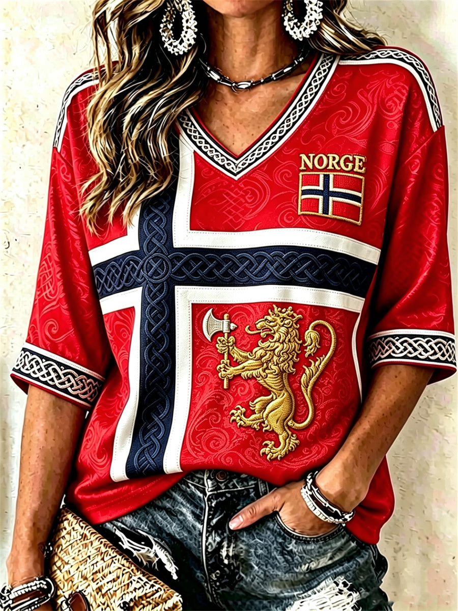 Kvinnors lejon Viking Keltisk knop Flag Skriv ut med längd ärmar V-hals T-shirt