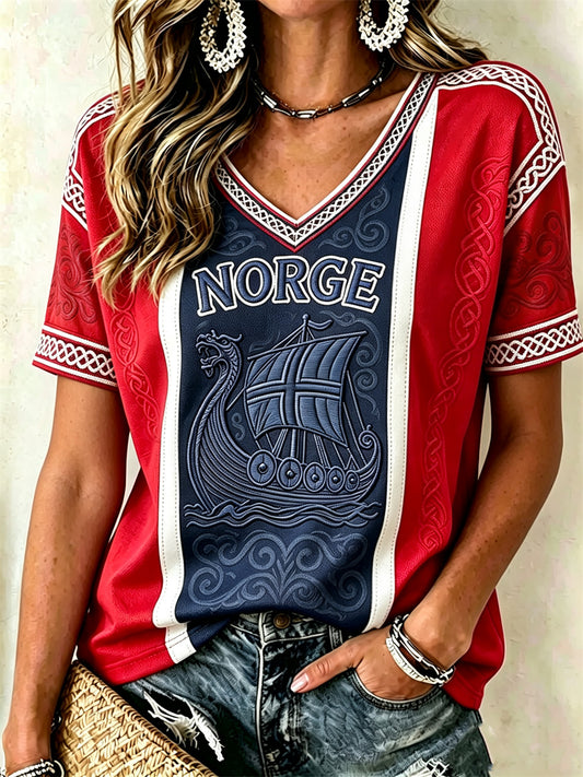 Kvinnors Vikingskepp Celtic Knot Flag Färgblock Skriv ut kortärmad T-shirt