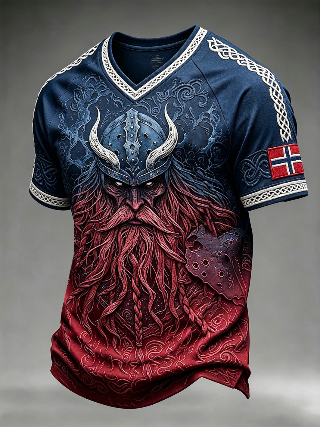 Herr Retro Norska Viking mönster Tryckt V-hals T-shirt