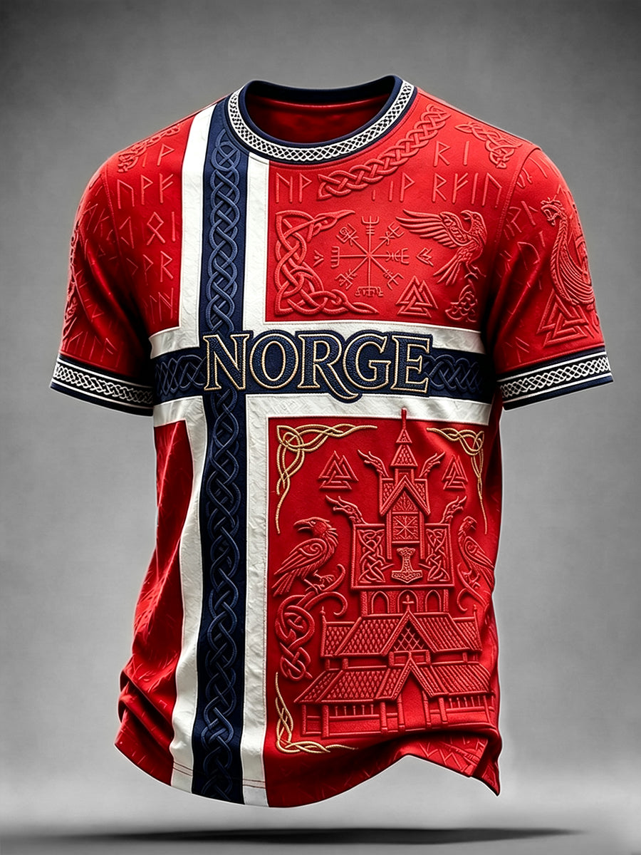 Herrtröja med vikingainspirerat mönster, keltiskt och norskt flaggmotiv, korta ärmar
