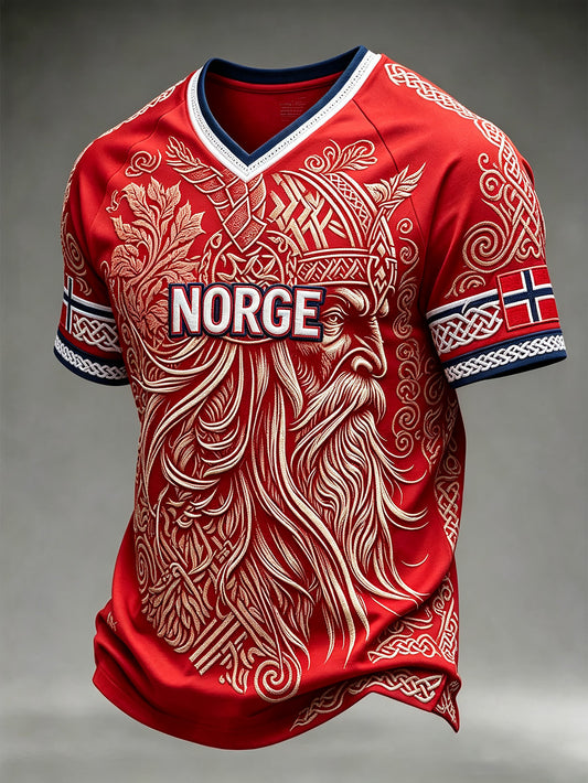 Herrtröja med retroinspirerat norsk vikingmönster och V-ringning