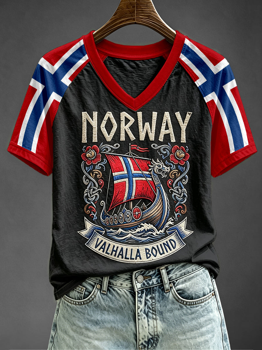 Damens Viking Longship Art Norge Flagg Print V-hals kortärmad T-shirt