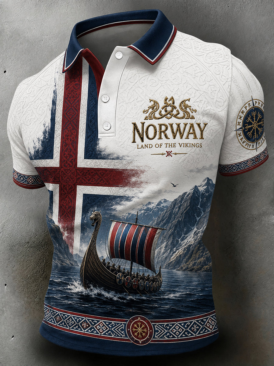 Retro nordiskt polotröja i vikingastil med grafisk design, avslappnad stil