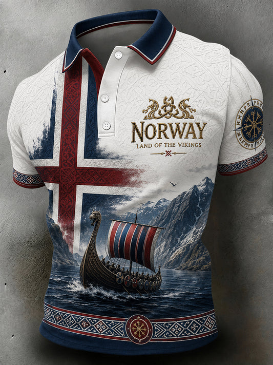 Retro nordiskt polotröja i vikingastil med grafisk design, avslappnad stil