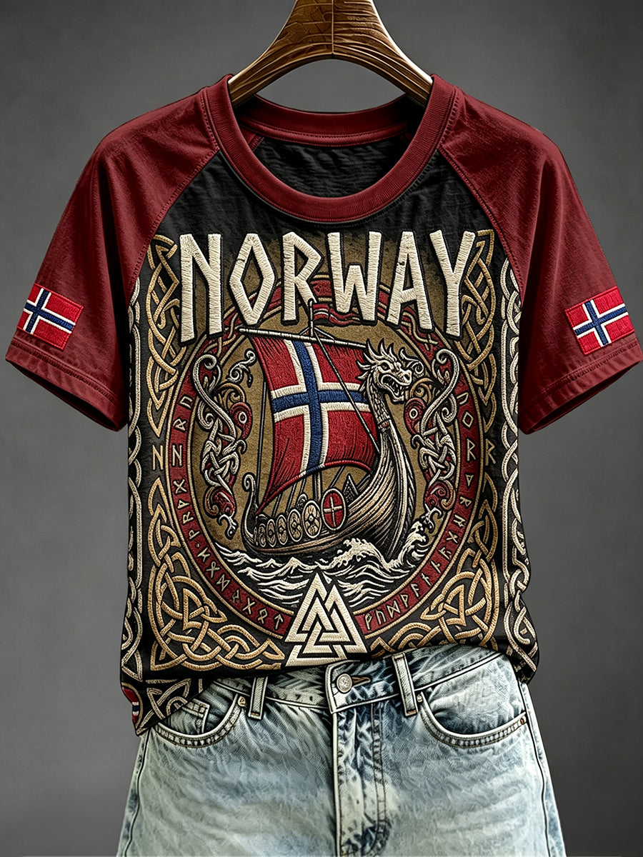 Damens Viking Inspirerat mönster Norge Flag Skriv ut Round Hals Kort ärm T-shirt