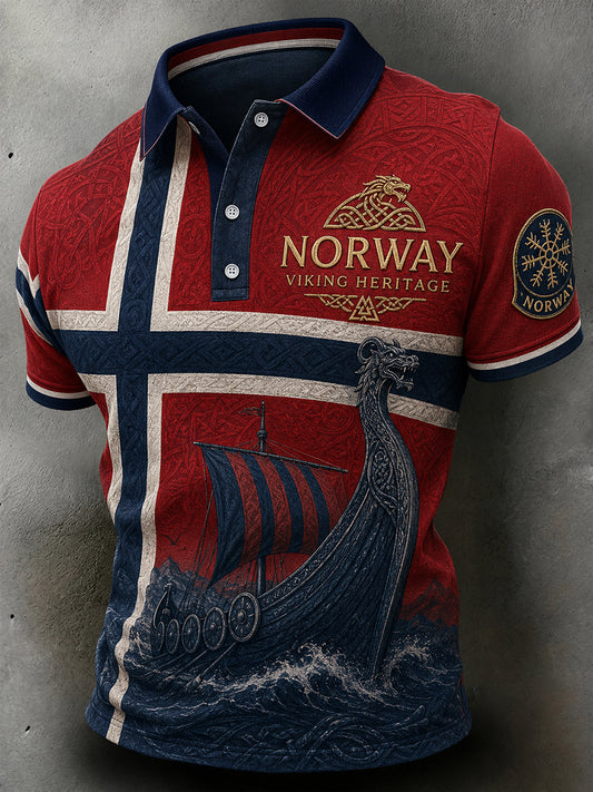 Retro nordiskt polotröja i vikingastil med grafisk design, avslappnad stil