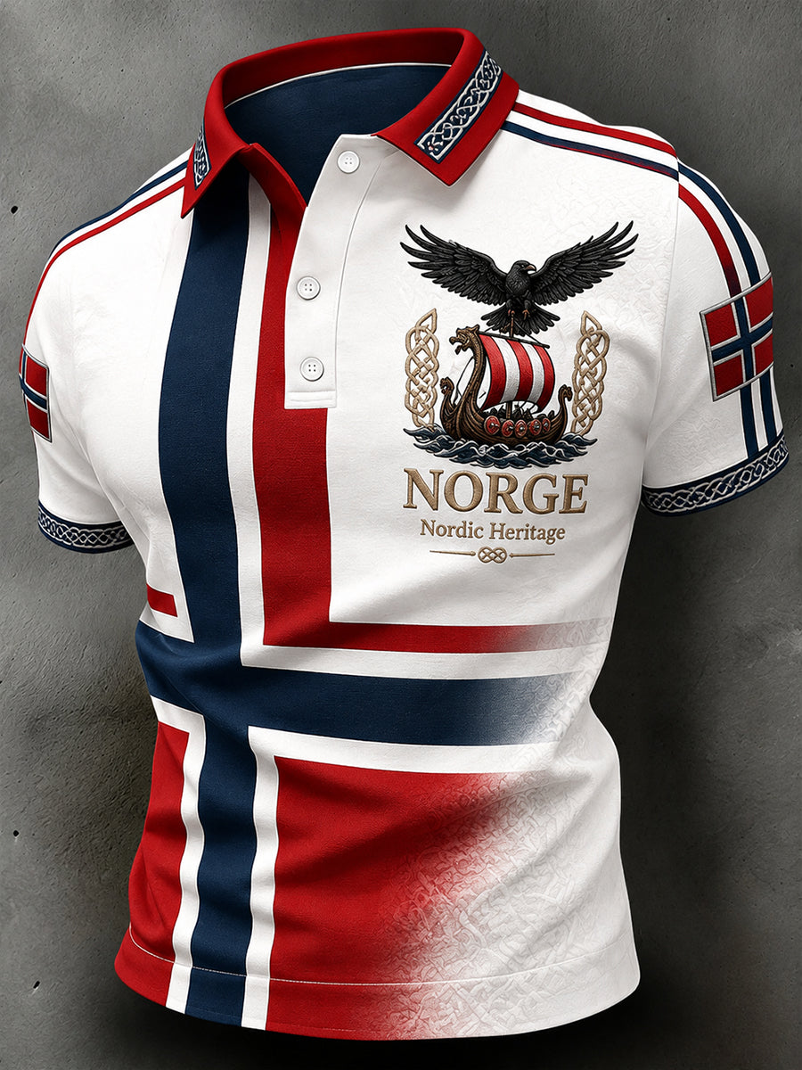 Retro nordiskt polotröja i vikingastil med grafisk design, avslappnad stil