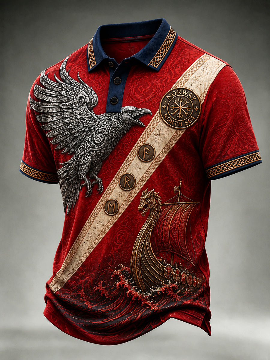 Retro nordiskt polotröja i vikingastil med grafisk design, avslappnad stil