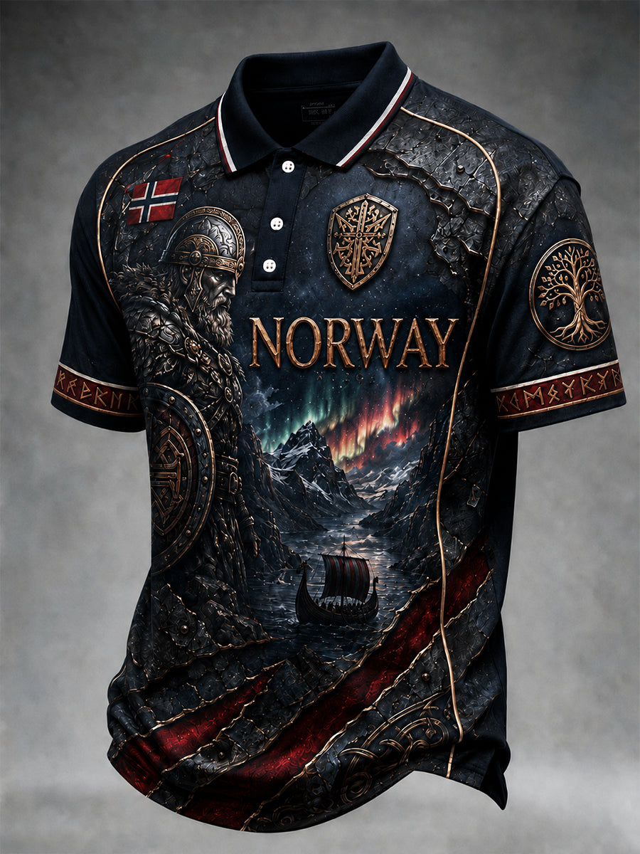 Retro nordiskt polotröja i vikingastil med grafisk design, avslappnad stil