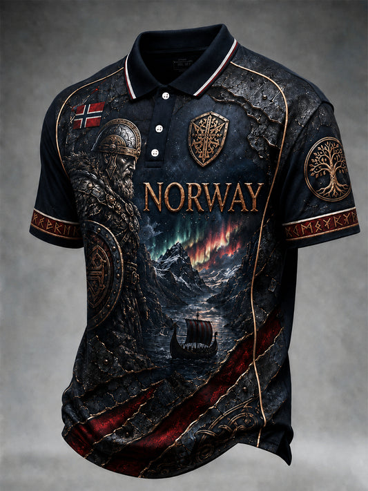 Retro nordiskt polotröja i vikingastil med grafisk design, avslappnad stil