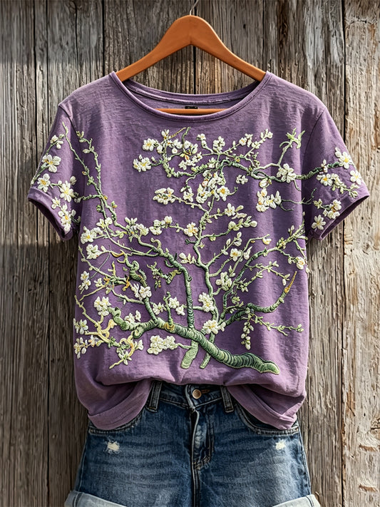 Kvinnors Mandel Blommar Purple Sky Art Skriv ut kortärmad T-shirt