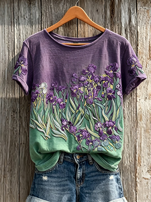 Kvinnors Purple Irises Kontrast Färg Konst Skriv ut kortärmad T-shirt