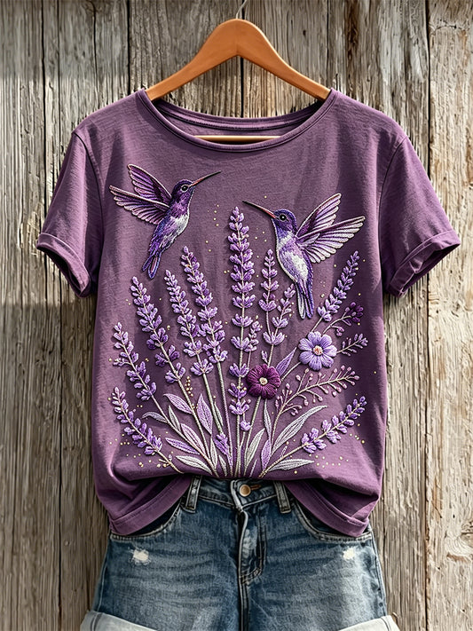 Kvinnors stil Purple Floral Kolibri Skriv ut kortärmad T-shirt