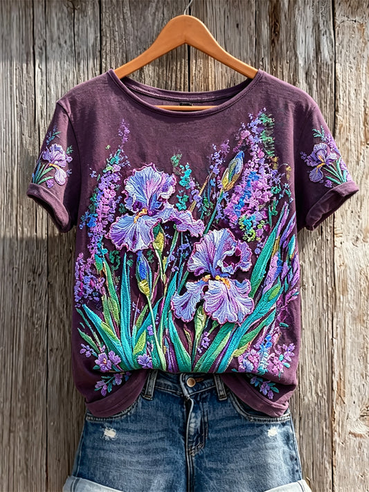 Kvinnors Purple Irises Floral Art Skriv ut kortärmad T-shirt
