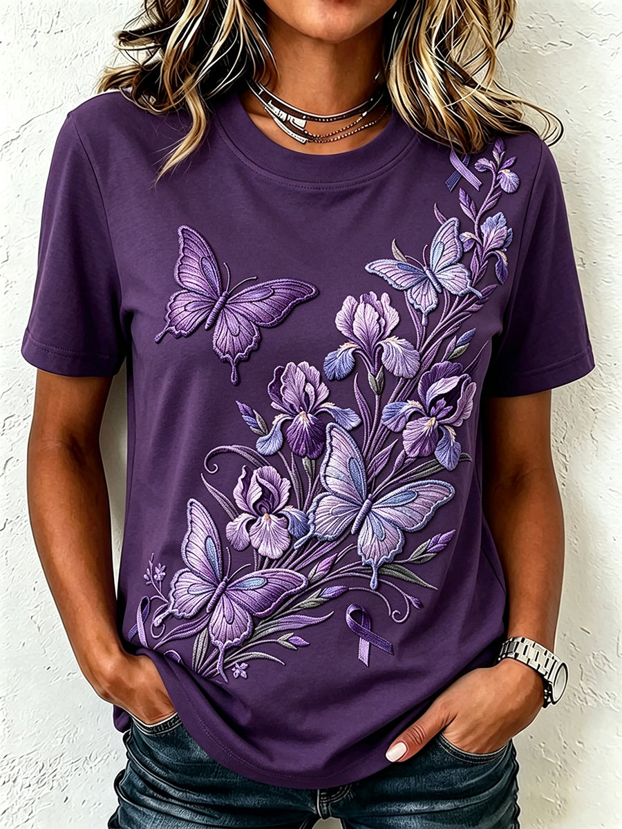 Damens Iris Blomma Fjäril Purple Ribbon Skriv ut kortärmad T-shirt