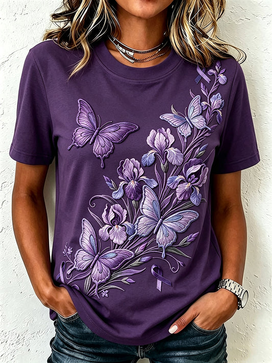 Damens Iris Blomma Fjäril Purple Ribbon Skriv ut kortärmad T-shirt