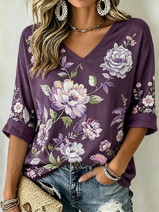 Kvinnors lila växt blomma mönster tryckt Casual Mid-längd ärmar V-hals T-shirt