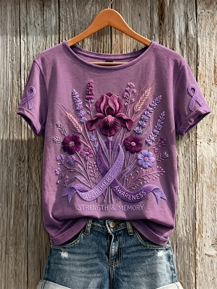Kvinnors stil Purple Ribbon medvetenhet Floral Print Short-ärmad T-shirt