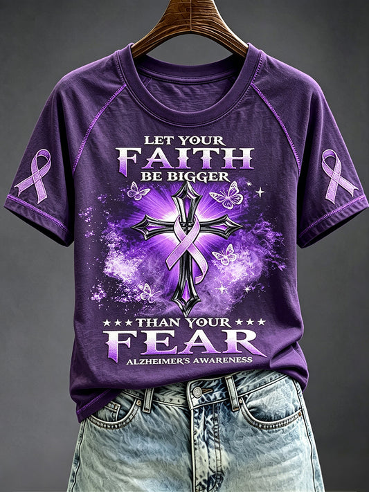 Kvinnors tro över rädsla lila band Print rund hals kort ärm T-shirta