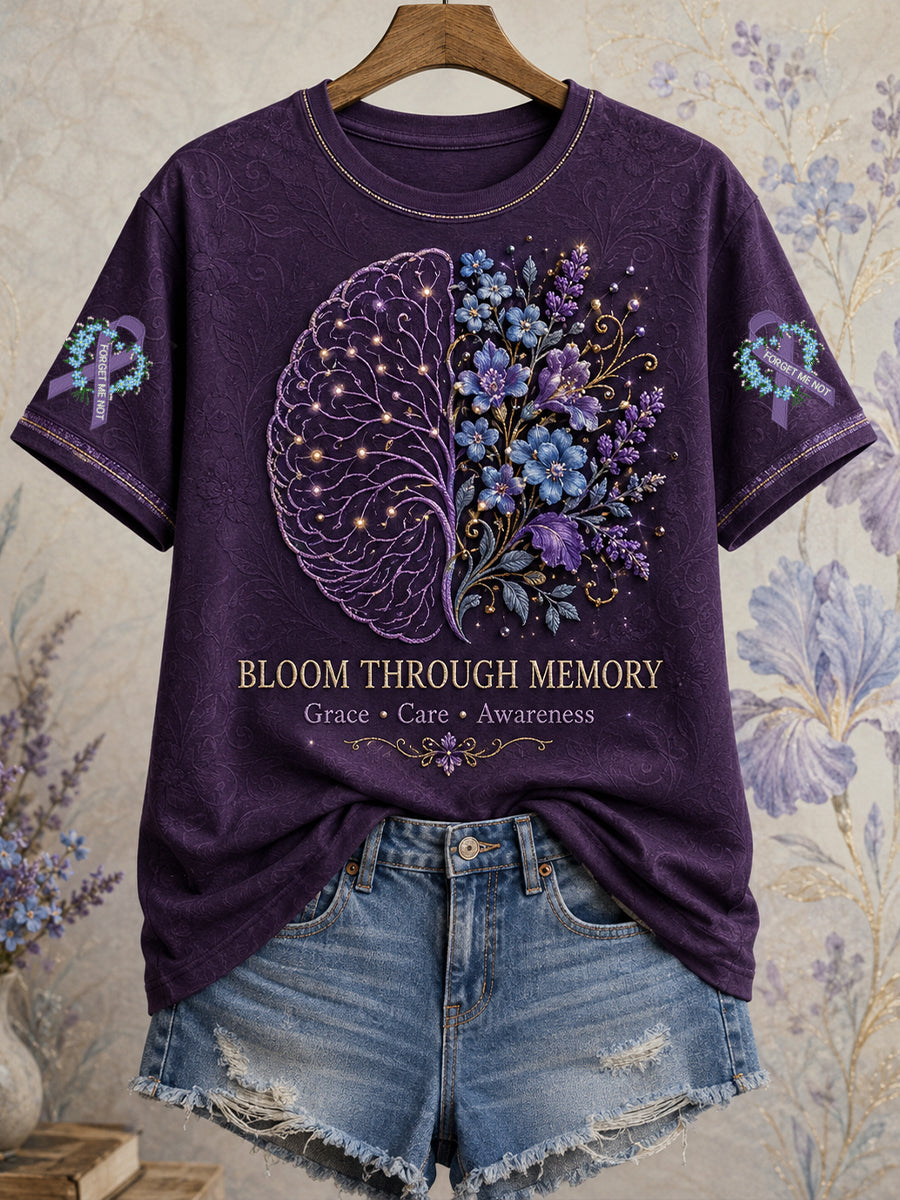 Kvinnors Alzheimers medvetenhet Floral konst Tryckt T-shirt